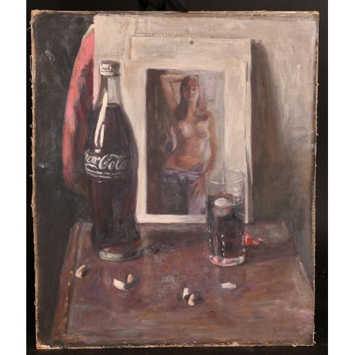 496 - George Weissbort (1928-2013), a still life of a coke bottle and an image of a topless female, oil on... 