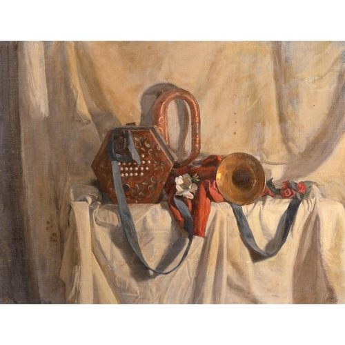 502 - George Weissbort (1928-2013), a still life study of musical instruments, oil on canvas laid down, 18... 