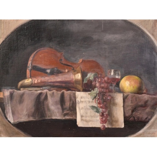 507 - George Weissbort (1928-2013), a still life study of a violin and bugle, oil on canvas laid down, 18