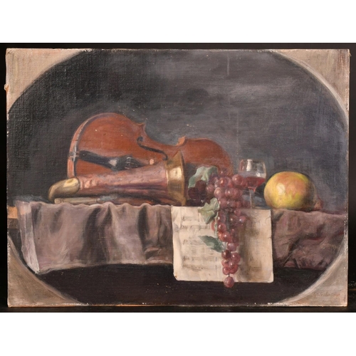 507 - George Weissbort (1928-2013), a still life study of a violin and bugle, oil on canvas laid down, 18