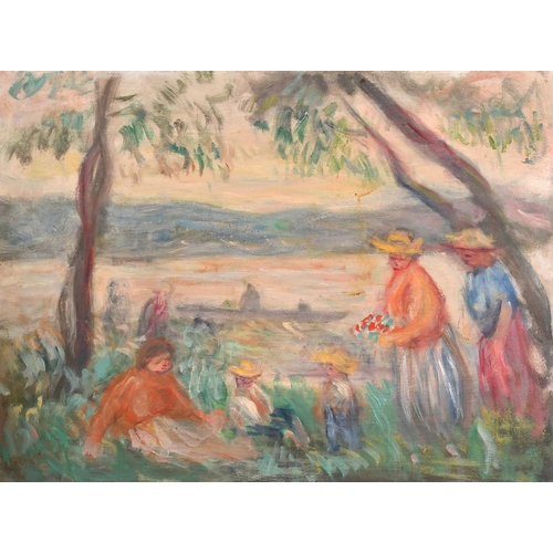 512 - George Weissbort (1928-2013), figures gathered at a riverside picnic, oil on board, 18