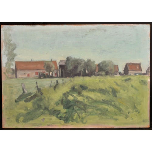 513 - George Weissbort (1928-2013), view of a town from open fields, oil on board, 18