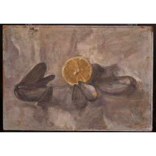 516 - George Weissbort (1928-2013), a group of three unframed oil still life studies featuring mussels, on... 