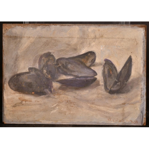 516 - George Weissbort (1928-2013), a group of three unframed oil still life studies featuring mussels, on... 