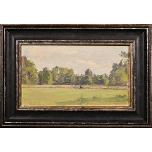 523 - George Weissbort (1928-2013), a landscape view of figures in a park, oil on board, signed, 7.25