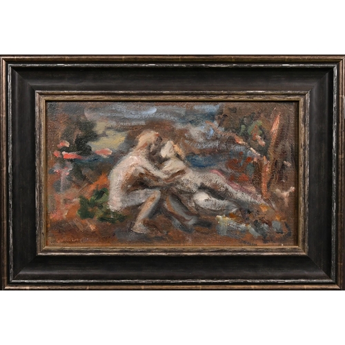 523 - George Weissbort (1928-2013), a landscape view of figures in a park, oil on board, signed, 7.25