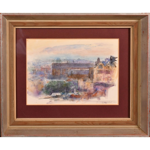 525 - George Weissbort (1928-2013), a watercolour view of city rooftops, along with two other landscape vi... 