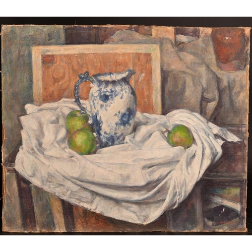 528 - George Weissbort (1928-2013), a still life of a blue and white jug with apples, oil on canvas laid d... 