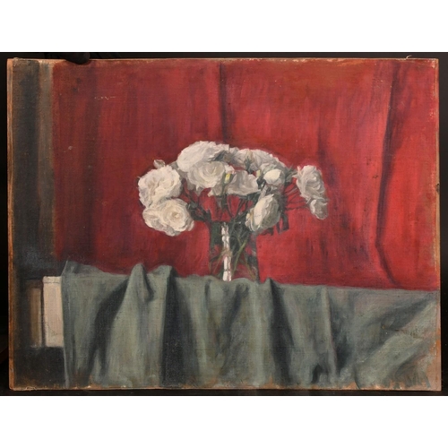 530 - George Weissbort (1928-2013), a still life of white flowers on a red background, oil on canvas laid ... 