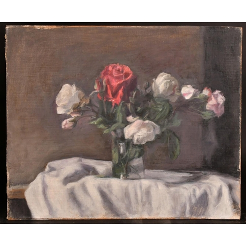 532 - George Weissbort (1928-2013), a still life of red, white and pink roses on a white table cloth, oil ... 