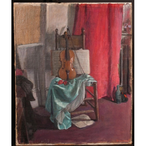 535 - George Weissbort (1928-2013), a still life of a violin and bow on a chair, oil on canvas laid down, ... 