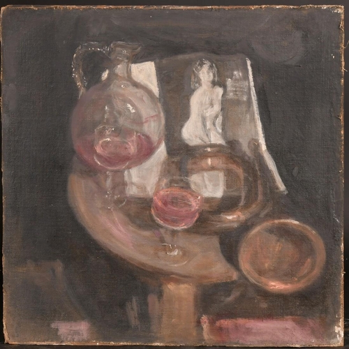 536 - George Weissbort (1928-2013), a still life of wine in a tabletop, oil on canvas laid down, 20