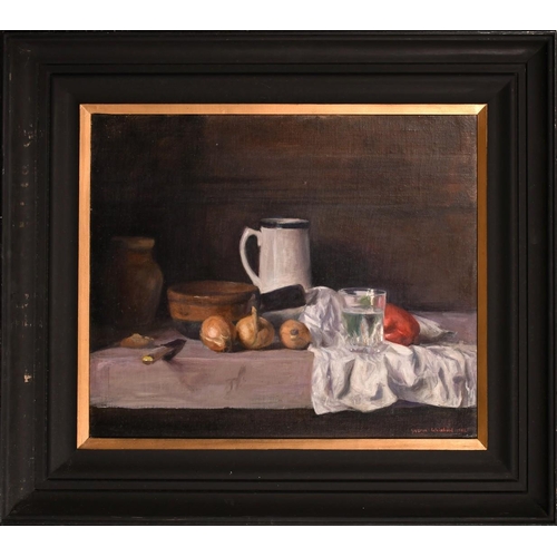 537 - George Weissbort (1928-2013), a still life of onions, a white jug and other objects on a table, oil ... 