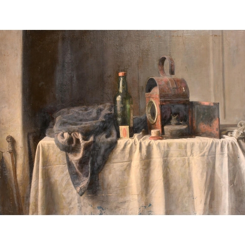 545 - George Weissbort (1928-2013), a still life of a lantern, a bottle and a box of matches on a white ta... 