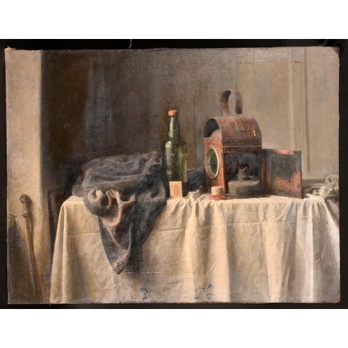 545 - George Weissbort (1928-2013), a still life of a lantern, a bottle and a box of matches on a white ta... 