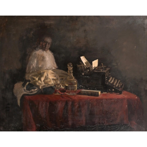 547 - George Weissbort (1928-2013), a still life of a typewriter and a decanter on a tabletop with a figur... 