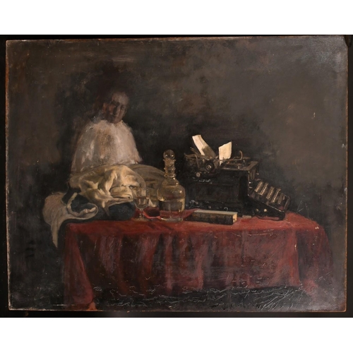 547 - George Weissbort (1928-2013), a still life of a typewriter and a decanter on a tabletop with a figur... 