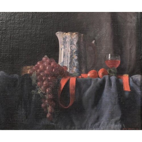 548 - George Weissbort (1928-2013), a still life of grapes and a blue and white jug on a dark blue tablecl... 