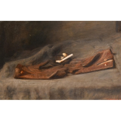 549 - George Weissbort (1928-2013), a still life of a pair of leather gloves and e meerschaum pipe, oil on... 