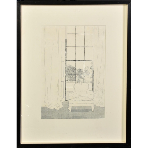 71 - David Hockney (b. 1937), 'Home (1969)', etching, Goldmark Gallery label verso, 17.75