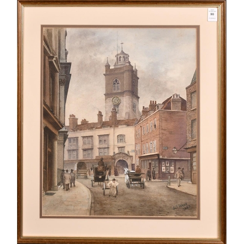 80 - Edgar Thomas Wood, Circa 1885, a London view with figures in a street with Fore Street and Jewin Str... 