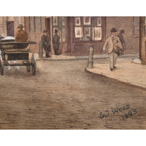 80 - Edgar Thomas Wood, Circa 1885, a London view with figures in a street with Fore Street and Jewin Str... 