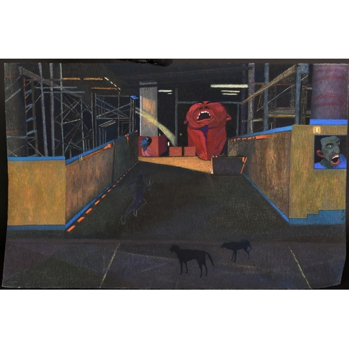 88 - A 20th Century surreal scene of a figure running in street, pastel, indistinctly signed, 26