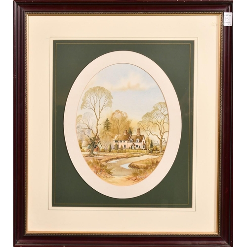 95 - Andrew Findlay (20th Century), a pair of oval watercolour scenes of houses in a landscape, each sign... 