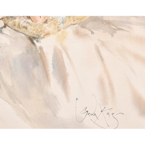 96 - Gordon King (1939-2022), a recumbent female nude lying across a pillow, watercolour, signed, 17