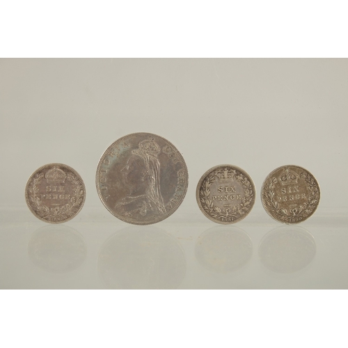 11 - THREE VICTORIAN JUBILEE HEAD SIXPENCES , 1887, 1888 & 1890 AND A VICTORIAN FLORIN, 1887 (4).