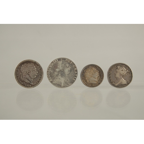 32 - A QUEEN ANNE SIXPENCE, 1703, VICO G/F and three George III coins (4).