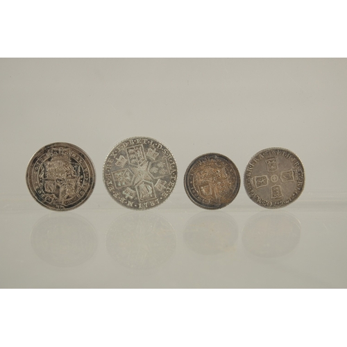 32 - A QUEEN ANNE SIXPENCE, 1703, VICO G/F and three George III coins (4).