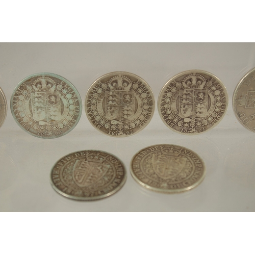 37 - NINE VARIOUS VICTORIAN SILVER HALF CROWNS AND DOUBLE FLORINS