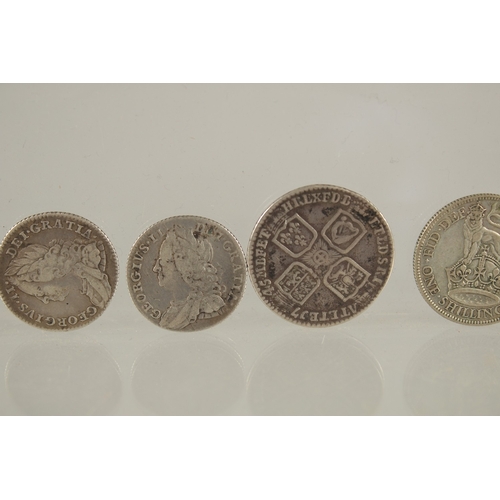 44 - GEORGE V THREE SILVER PENNIES 1917 - 1920 EDWARD 1272 - 1307 PENNY, GEORGE II SIXPENCE 1757, GEORGE ... 