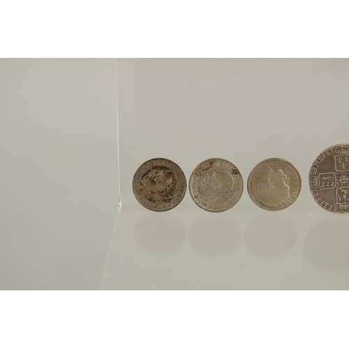 44 - GEORGE V THREE SILVER PENNIES 1917 - 1920 EDWARD 1272 - 1307 PENNY, GEORGE II SIXPENCE 1757, GEORGE ... 