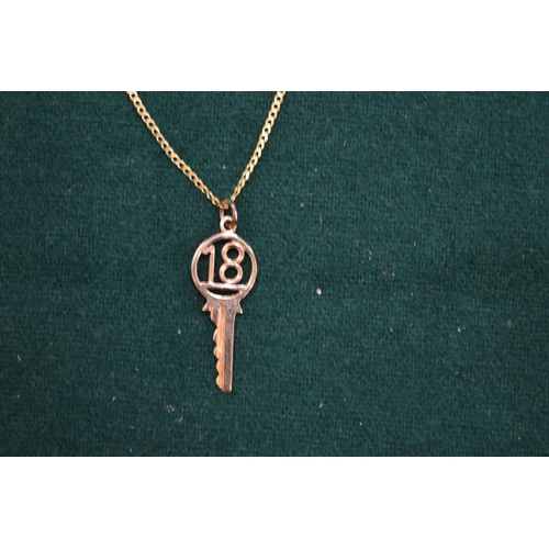 1004 - A 9ct gold chain set with a number 18 pendant.