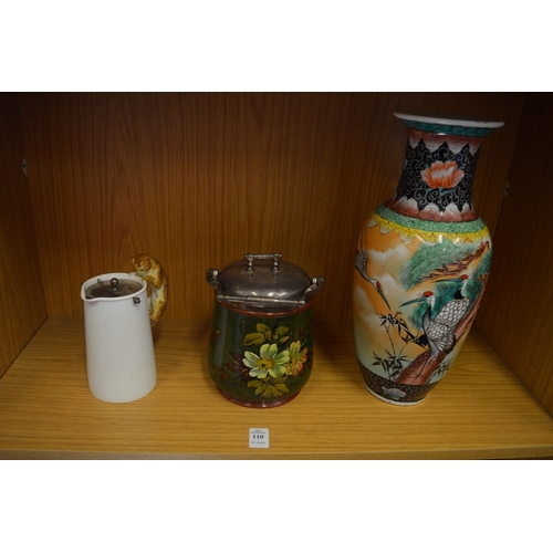 110 - A Chinese vase, pottery biscuit barrel with plated mount and a Spode milk jug with cat handle.