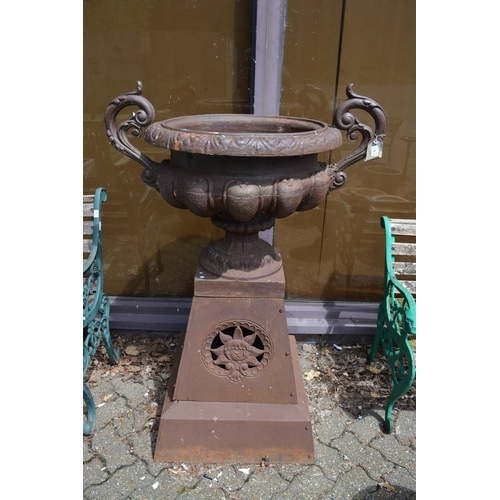 27 - A good large pair of cast iron twin handled urns on pedestal bases.