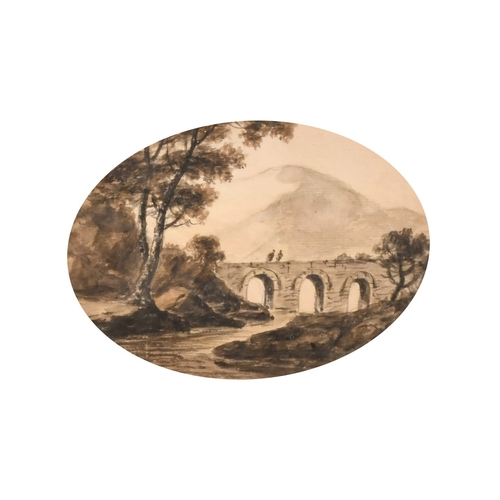 1 - William Gilpin (1724-1804) - Sepia watercolour - Triple arched bridge with figures and mountain to d... 