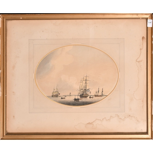 119 - Attributed to Samuel Atkins, rowing boats approaching naval vessels, watercolour, 10