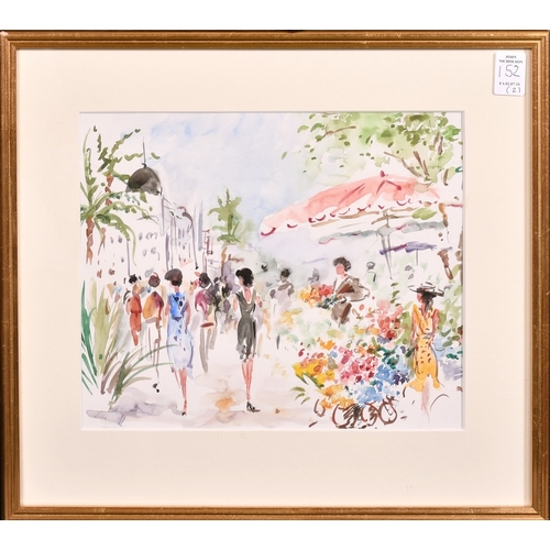 152 - Late 20th Century French School, scene of figures in a colourful city marketplace, watercolour, indi... 