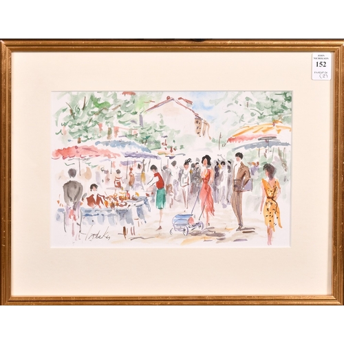 152 - Late 20th Century French School, scene of figures in a colourful city marketplace, watercolour, indi... 