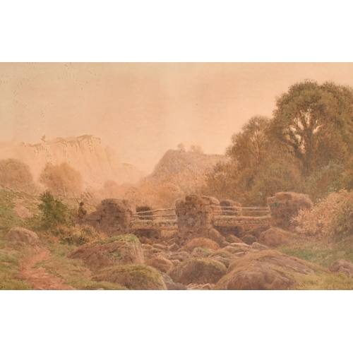 177 - Henry Hilton (late 19th Century), wayfarer crossing a bridge in a gorge, watercolour, signed, 12.5