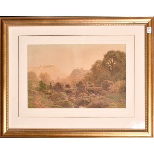 177 - Henry Hilton (late 19th Century), wayfarer crossing a bridge in a gorge, watercolour, signed, 12.5