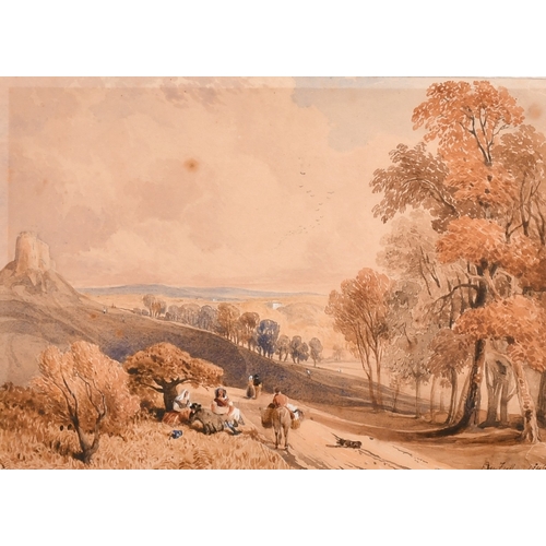 25 - Edwin Wilkins Field (1804-1871), figures with a donkey resting in a landscape, watercolour, signed a... 