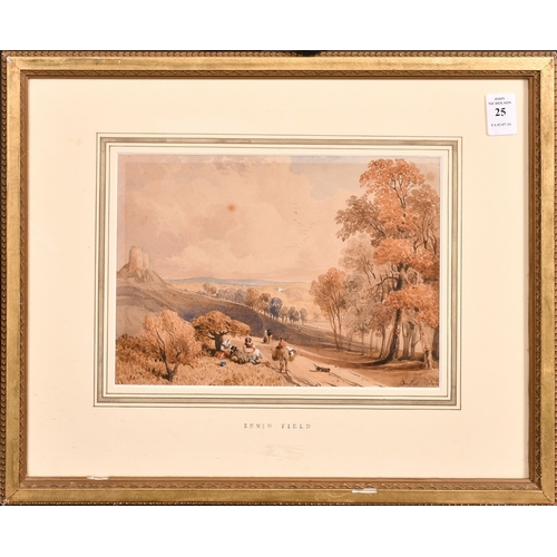 25 - Edwin Wilkins Field (1804-1871), figures with a donkey resting in a landscape, watercolour, signed a... 