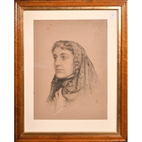 30 - English School, Circa 1878, a charcoal and chalk head study of a lady in a shawl, 21