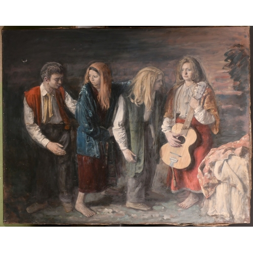 435 - Georges Weissbort (1928-2013), a portrait study of four figures one holding a guitar, oil on canvas,... 