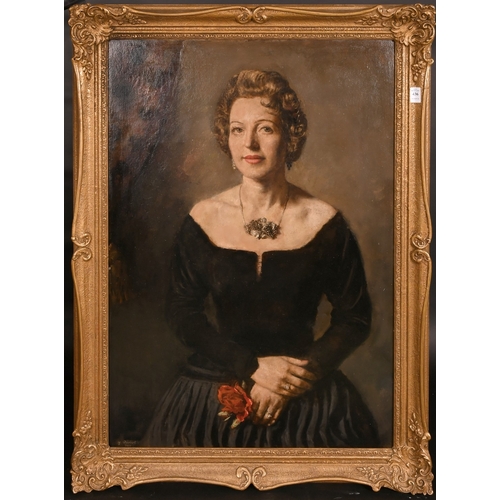 436 - Georges Weissbort (1928-2013), a portrait of a lady holding a red rose, oil on board, 34