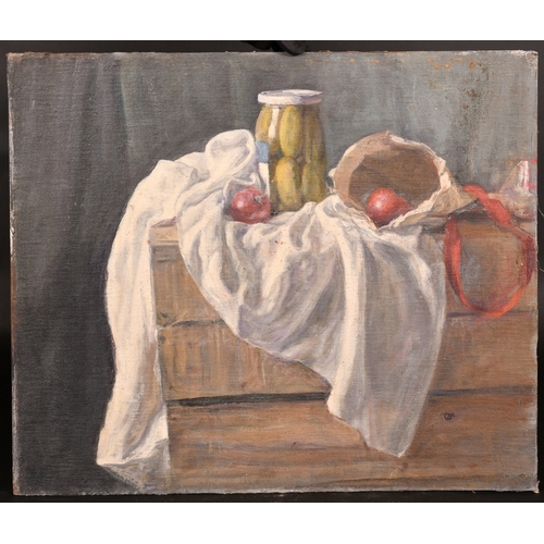 473 - Georges Weissbort (1928-2013), a still life of a jar of pickles and tomatoes on a white cloth, oil o... 
